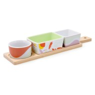 Tabla aperitivo bambu con mango 3 cuencos kaleido 3 cuencos porcelana decorada