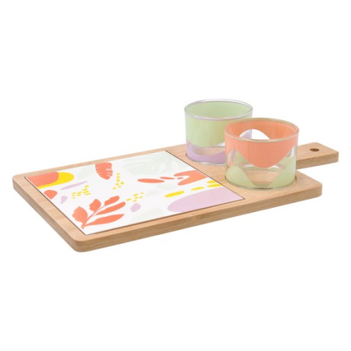 Tabla aperitivo bambu/ceramica con mango 2 bols kaleido 2 bols cristal decorado bidasoa