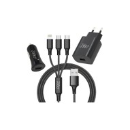 Pack cargador de coche usb+cargador casa usb+cable 3 EN 1 tipo c negro muvit
