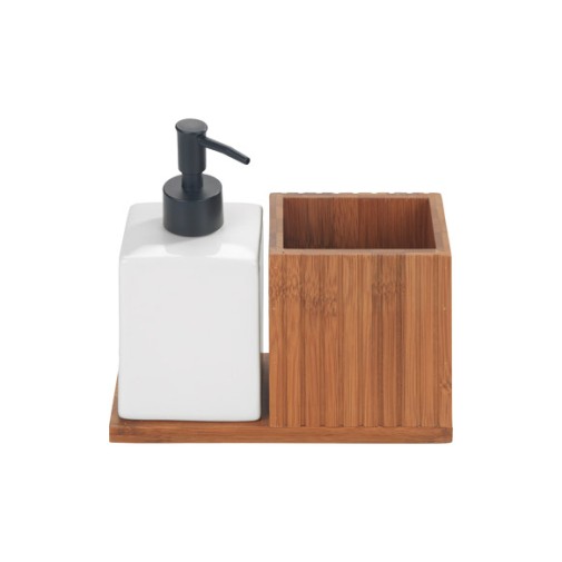 Dosificador jabon mera + portacepillo bambu, ceramicamica blanco wenko