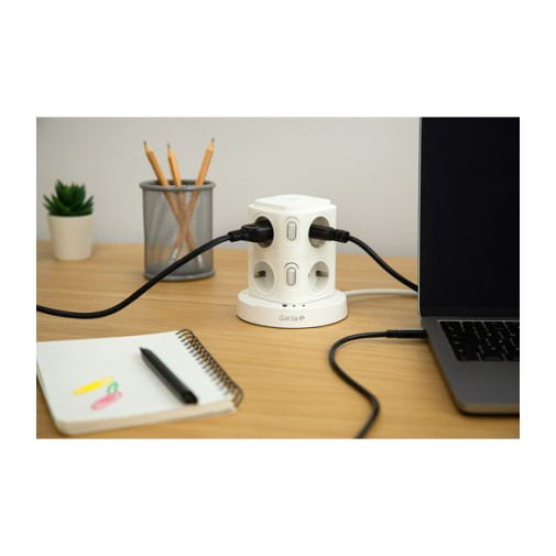 Base multiple torreta 8 enchufes USB a + 2 USB c blanco con luz nocturna garza