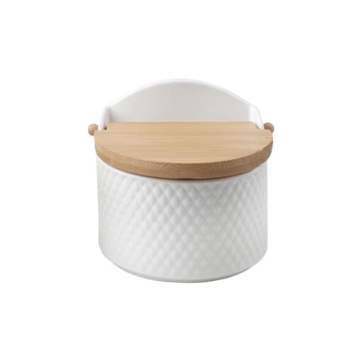 Salero porcelana grabada tapa bambu blanco rombos d'casa