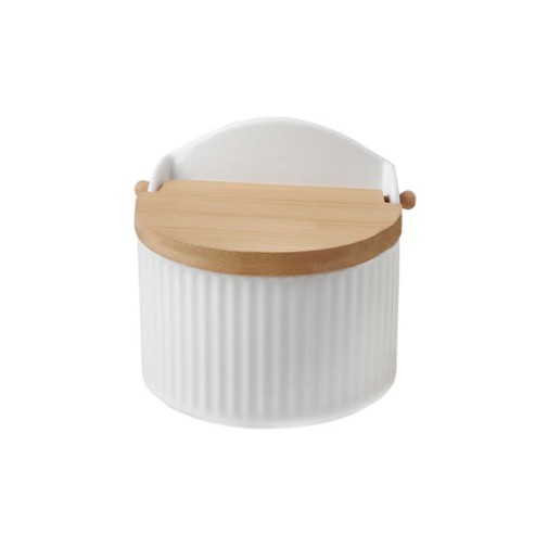 Salero porcelana grabada tapa bambu blanco rayas d'casa