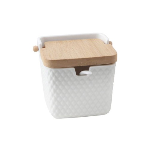 Azucarero porcelana grabada tapa bambu + cuchara blanco rombos d'casa