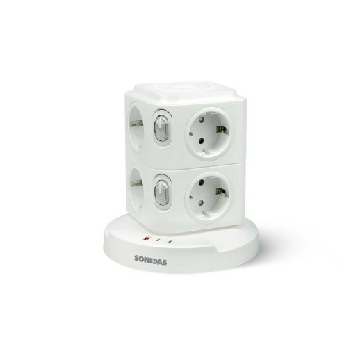 Base multiple torreta 8 tomas USB A+2 USB c blanco con luz nocturna sonedas