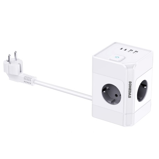 Base multiple 4 tomas +2 USBA+2 usbc blanco cable 1,5 mt sonedas