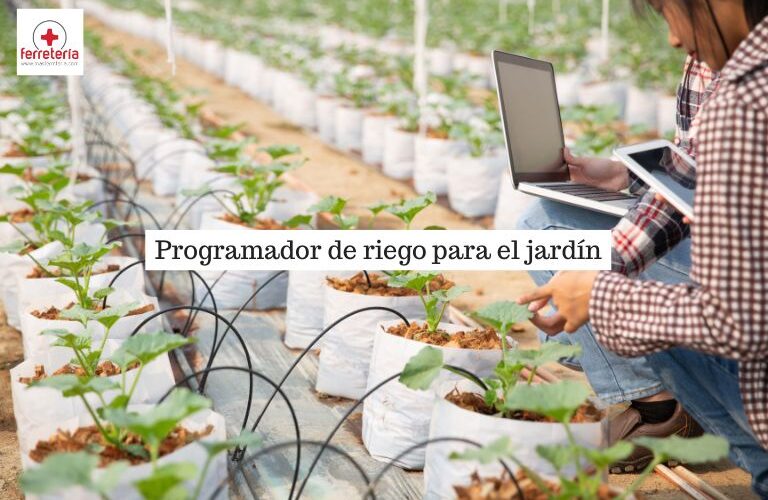 Mujer trabajando con programador de riego